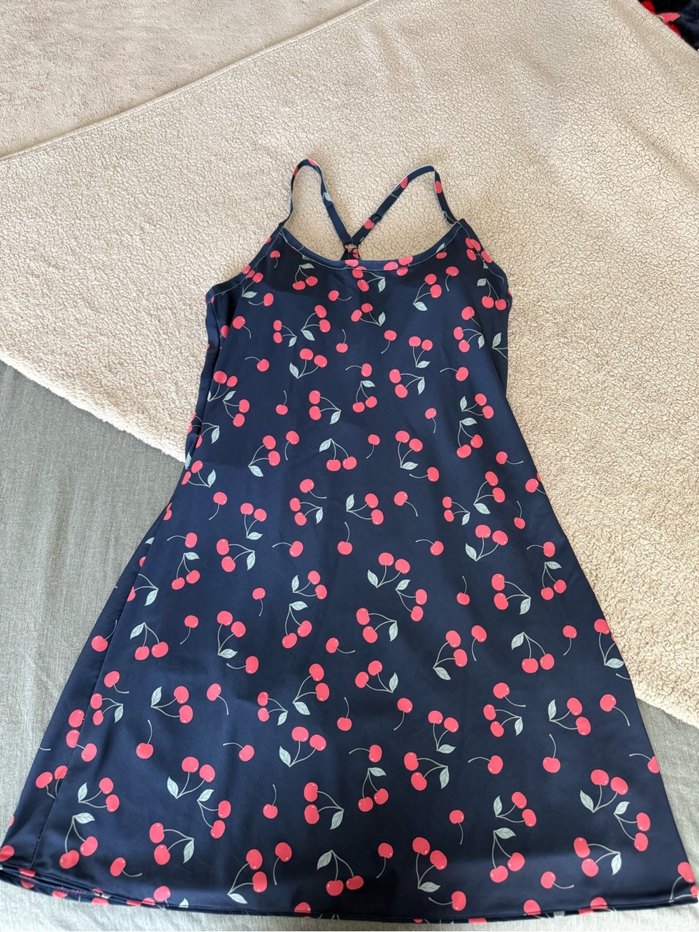 Outdoor Voices Navy Slip Dress with Red Cherry Print
